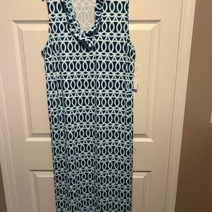 Lulu-B Melina Blue and White Geo Sleeveless Ruffle Neck Sheath Maxi Dress